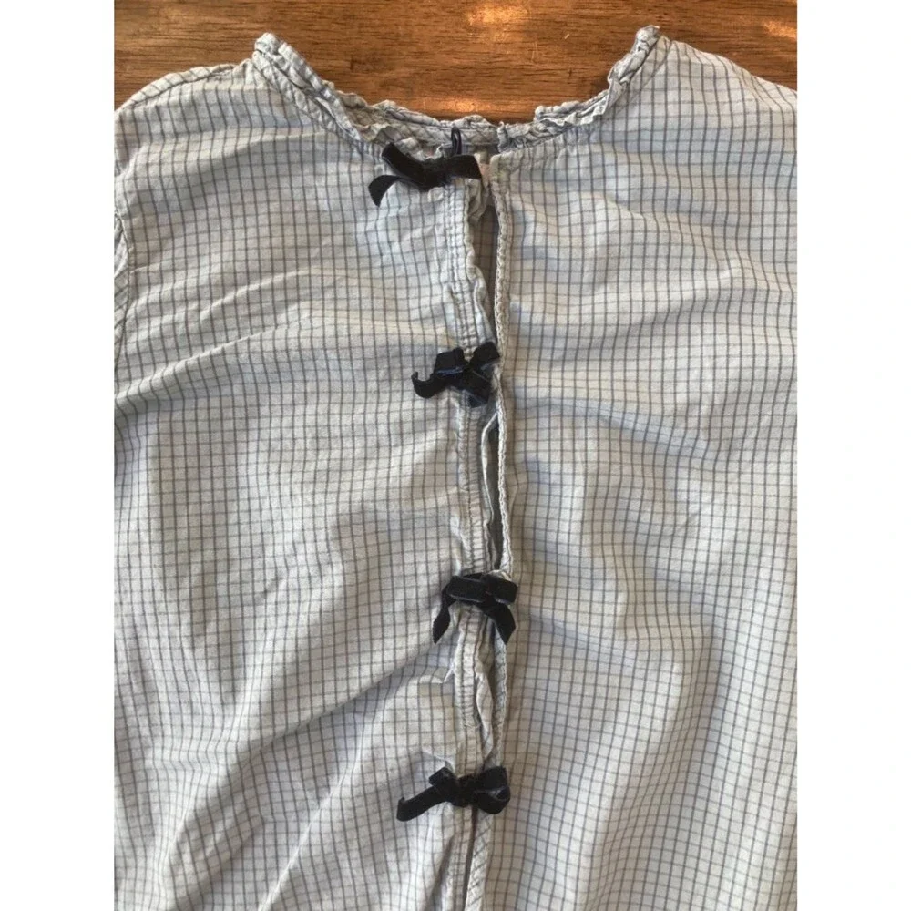 Zara Girls 11-12 Blue Textured Plaid Button Down Long Sleeve Velvet Bows